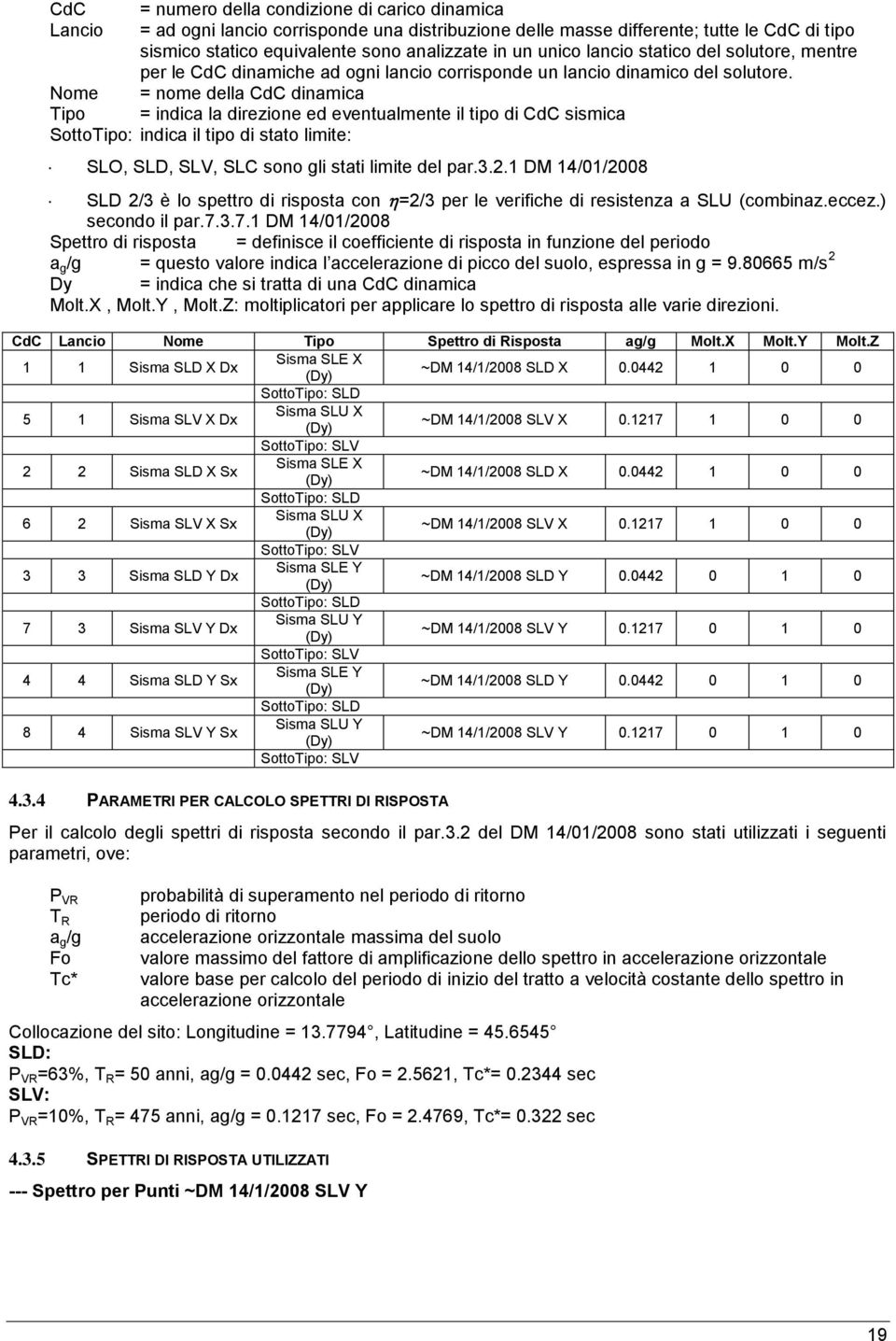 Nome = nome della CdC dinamica Tipo = indica la direzione ed eventualmente il tipo di CdC sismica SottoTipo: indica il tipo di stato limite: SLO, SLD, SLV, SLC sono gli stati limite del par.3.2.