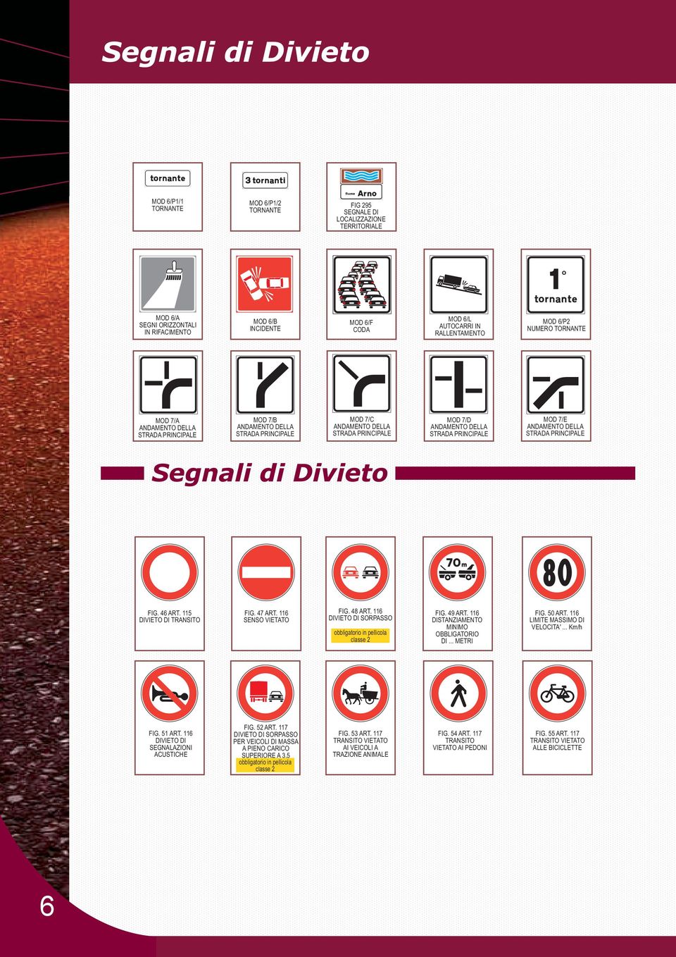 PRINCIPALE MOD 7/E ANDAMENTO DELLA STRADA PRINCIPALE FIG. 46 ART. 115 DIVIETO DI TRANSITO FIG. 47 ART. 116 SENSO VIETATO FIG. 48 ART. 116 DIVIETO DI SORPASSO FIG. 49 ART.