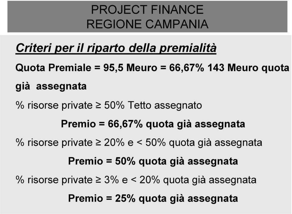 66,67% quota già assegnata % risorse private 20% e < 50% quota già assegnata Premio = 50%