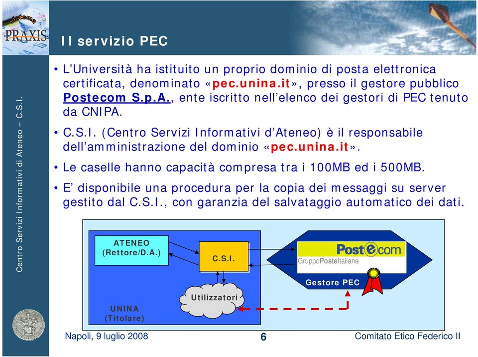 unina.it». Le caselle hanno capacità compresa tra i 100MB ed i 500MB. E disponibile una procedura per la copia dei messaggi su server gestito dal C.S.I.