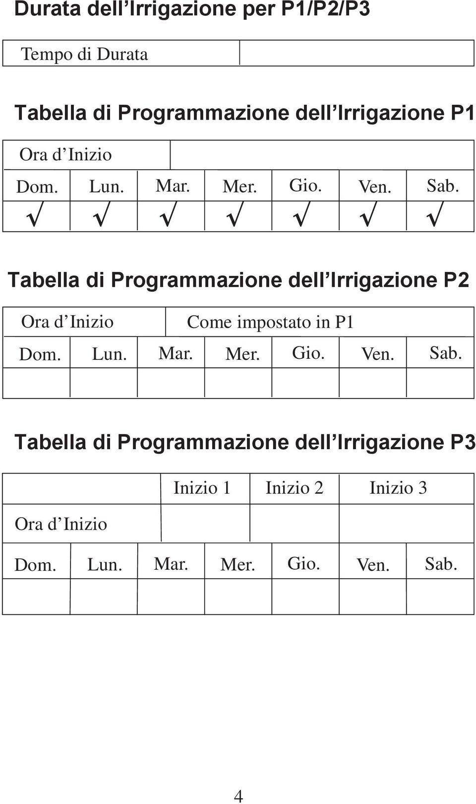 Tabella di Programmazione dell Irrigazione P2 Ora d Inizio Come impostato in P1 Dom. Lun. Mar.