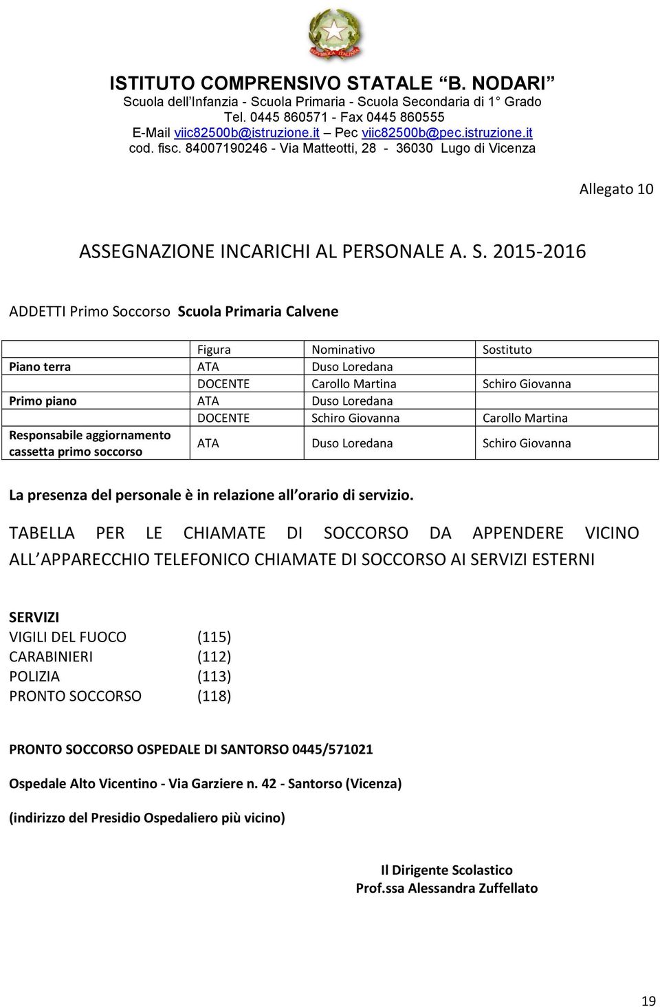 Giovanna Carollo Martina Responsabile aggiornamento cassetta primo soccorso ATA Duso Loredana Schiro Giovanna La presenza del personale è in relazione all orario di servizio.