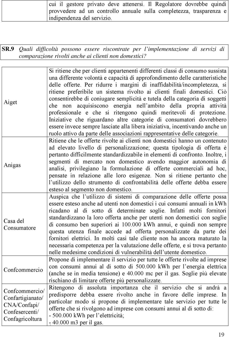 Aiget Anigas Casa del Consumatore Confcommercio Confcommercio/ Confartigianato/ CNA/Confapi/ Confesercenti/ Confagricoltura Si ritiene che per clienti appartenenti differenti classi di consumo