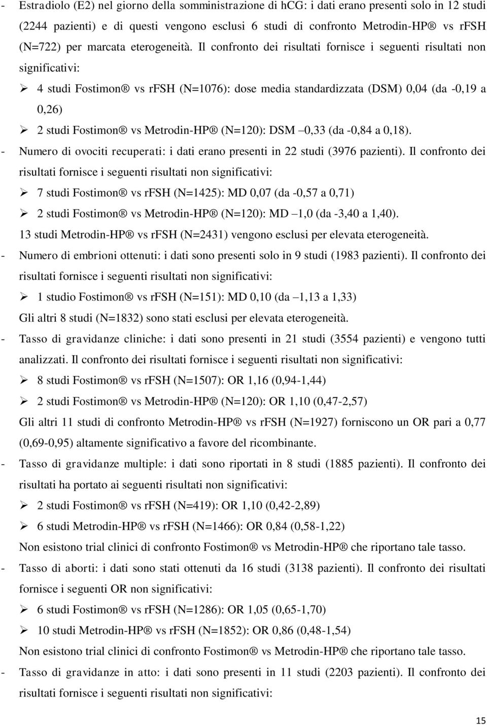 Il confronto dei risultati fornisce i seguenti risultati non significativi: 4 studi Fostimon vs rfsh (N=1076): dose media standardizzata (DSM) 0,04 (da -0,19 a 0,26) 2 studi Fostimon vs Metrodin-HP