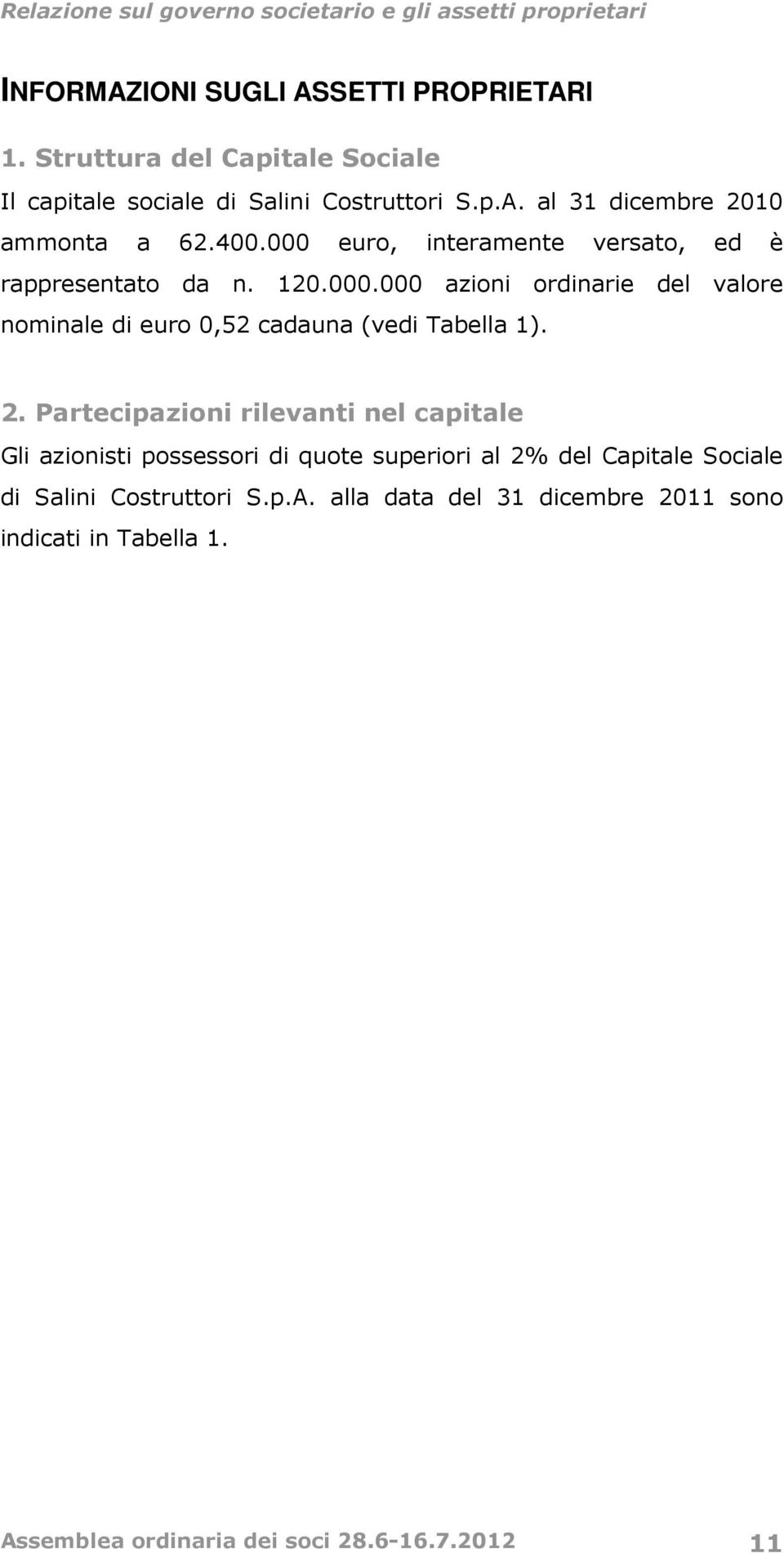 2. Partecipazioni rilevanti nel capitale Gli azionisti possessori di quote superiori al 2% del Capitale Sociale di Salini Costruttori S.p.A.