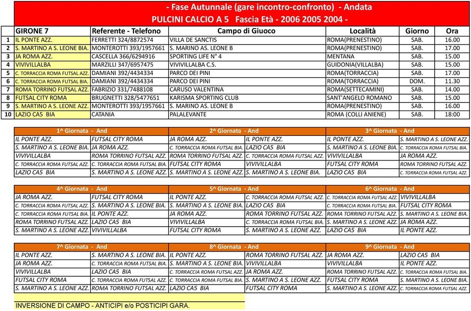 TORRACCIA ROMA FUTSAL AZZ. DAMIANI 392/4434334 PARCO DEI PINI ROMA(TORRACCIA) SAB. 17.00 6 C. TORRACCIA ROMA FUTSAL BIA. DAMIANI 392/4434334 PARCO DEI PINI ROMA(TORRACCIA) DOM. 11.