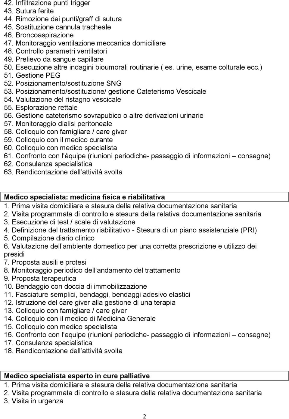 urine, esame colturale ecc.) 51. Gestione PEG 52. Posizionamento/sostituzione SNG 53. Posizionamento/sostituzione/ gestione Cateterismo Vescicale 54. Valutazione del ristagno vescicale 55.