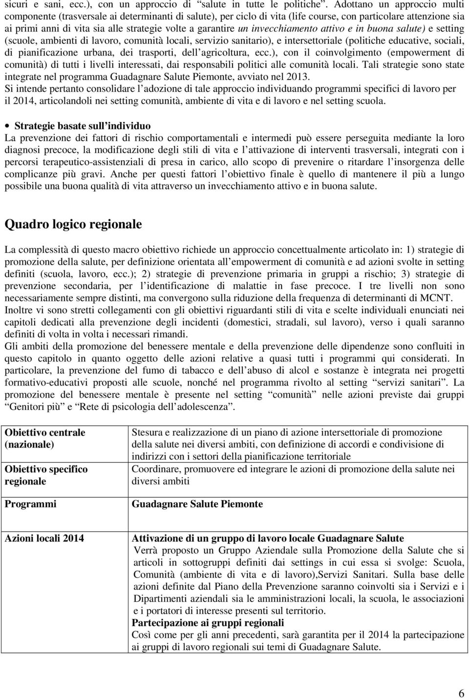 garantire un invecchiamento attivo e in buona salute) e setting (scuole, ambienti di lavoro, comunità locali, servizio sanitario), e intersettoriale (politiche educative, sociali, di pianificazione