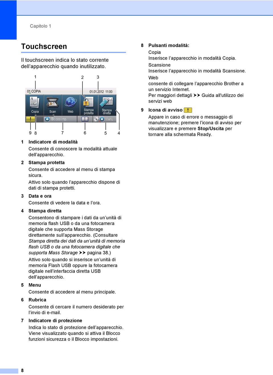 2 Stampa protetta Consente di accedere al menu di stampa sicura. Attivo solo quando l apparecchio dispone di dati di stampa protetti. 3 Data e ora Consente di vedere la data e l ora.