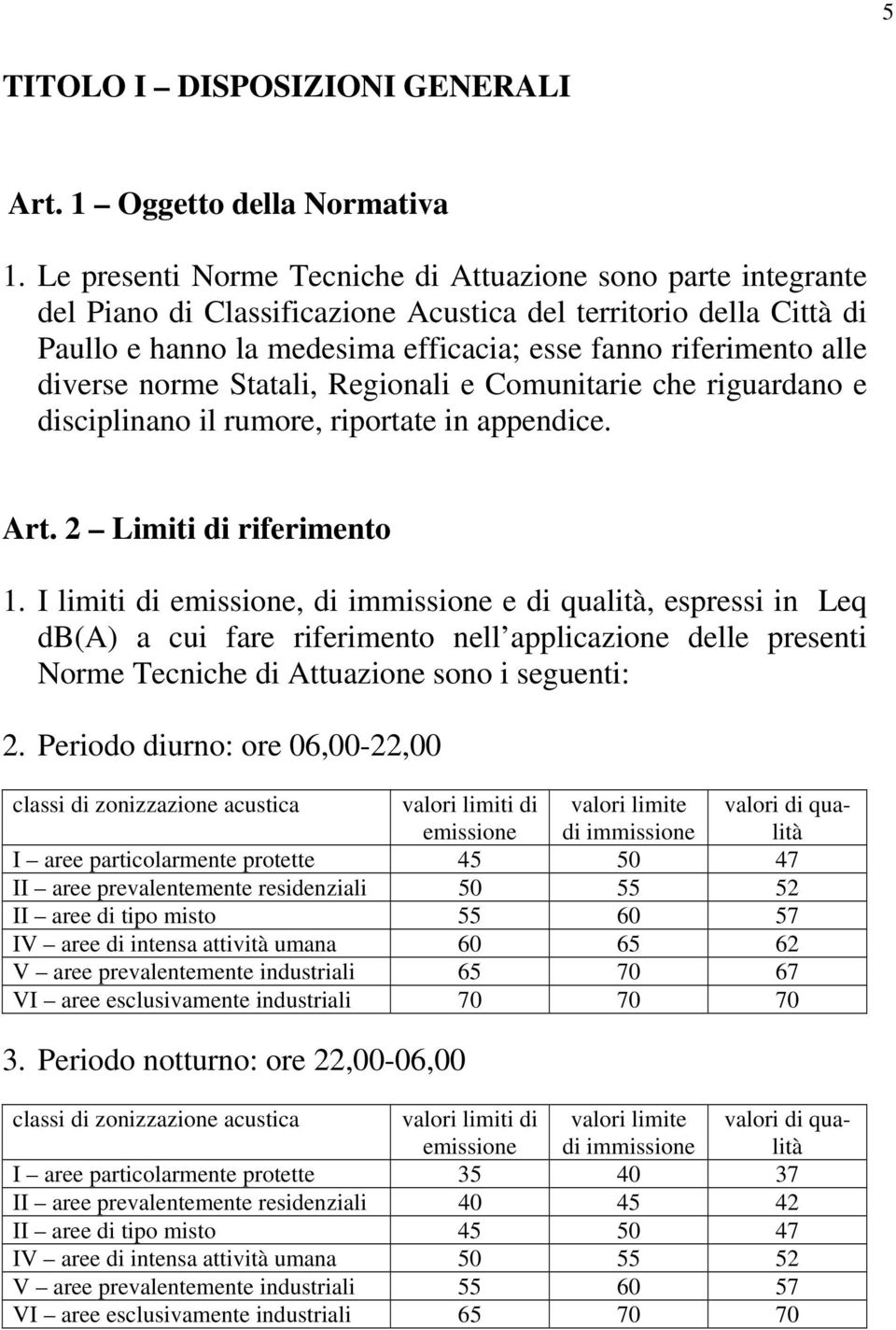 diverse norme Statali, Regionali e Comunitarie che riguardano e disciplinano il rumore, riportate in appendice. Art. 2 Limiti di riferimento 1.