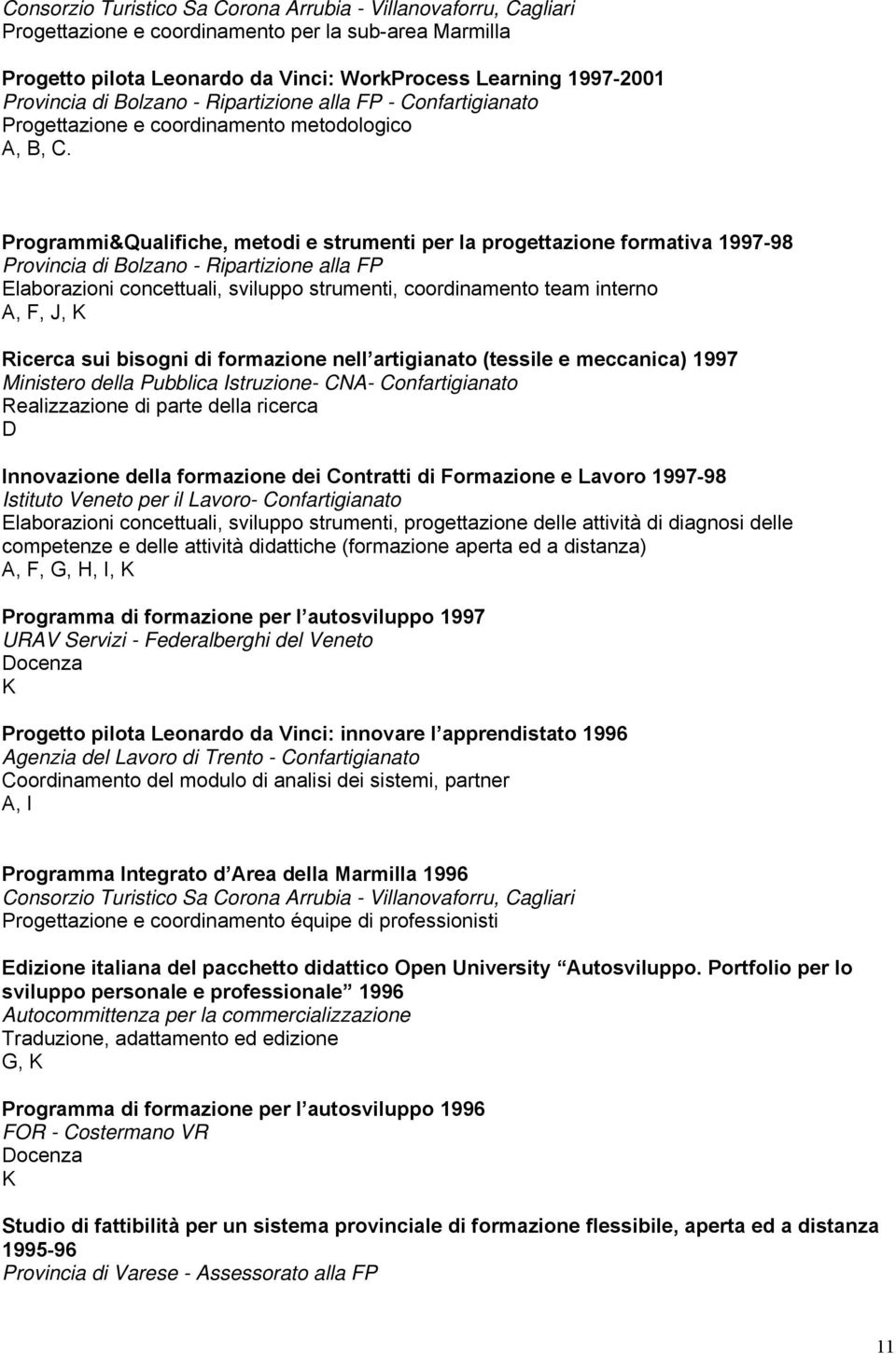Programmi&Qualifiche, metodi e strumenti per la progettazione formativa 1997-98 Provincia di Bolzano - Ripartizione alla FP Elaborazioni concettuali, sviluppo strumenti, coordinamento team interno A,