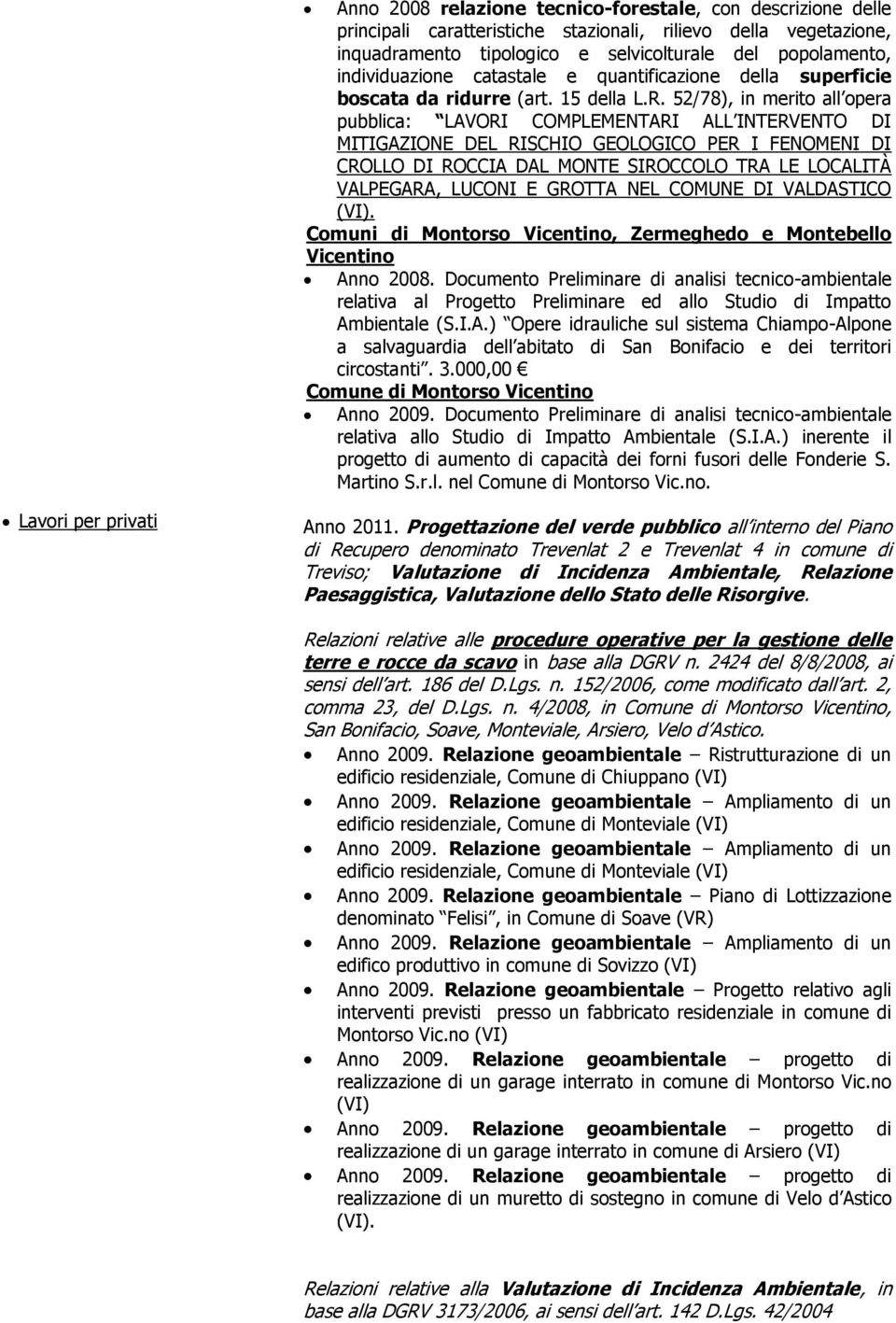 52/78), in merito all opera pubblica: LAVORI COMPLEMENTARI ALL INTERVENTO DI MITIGAZIONE DEL RISCHIO GEOLOGICO PER I FENOMENI DI CROLLO DI ROCCIA DAL MONTE SIROCCOLO TRA LE LOCALITÀ VALPEGARA, LUCONI