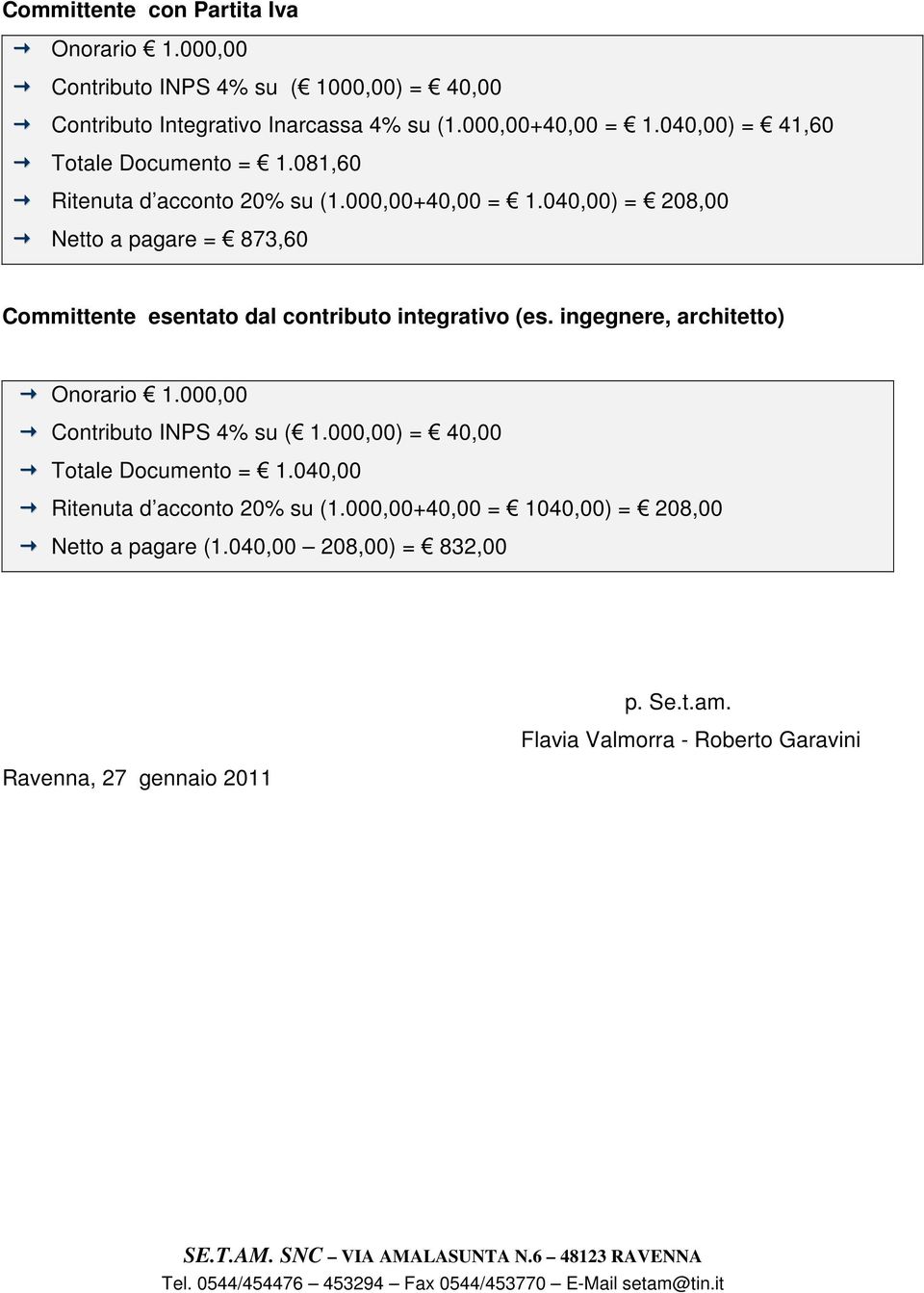 040,00) = 208,00 Netto a pagare = 873,60 Committente esentato dal contributo integrativo (es. ingegnere, architetto) Contributo INPS 4% su ( 1.