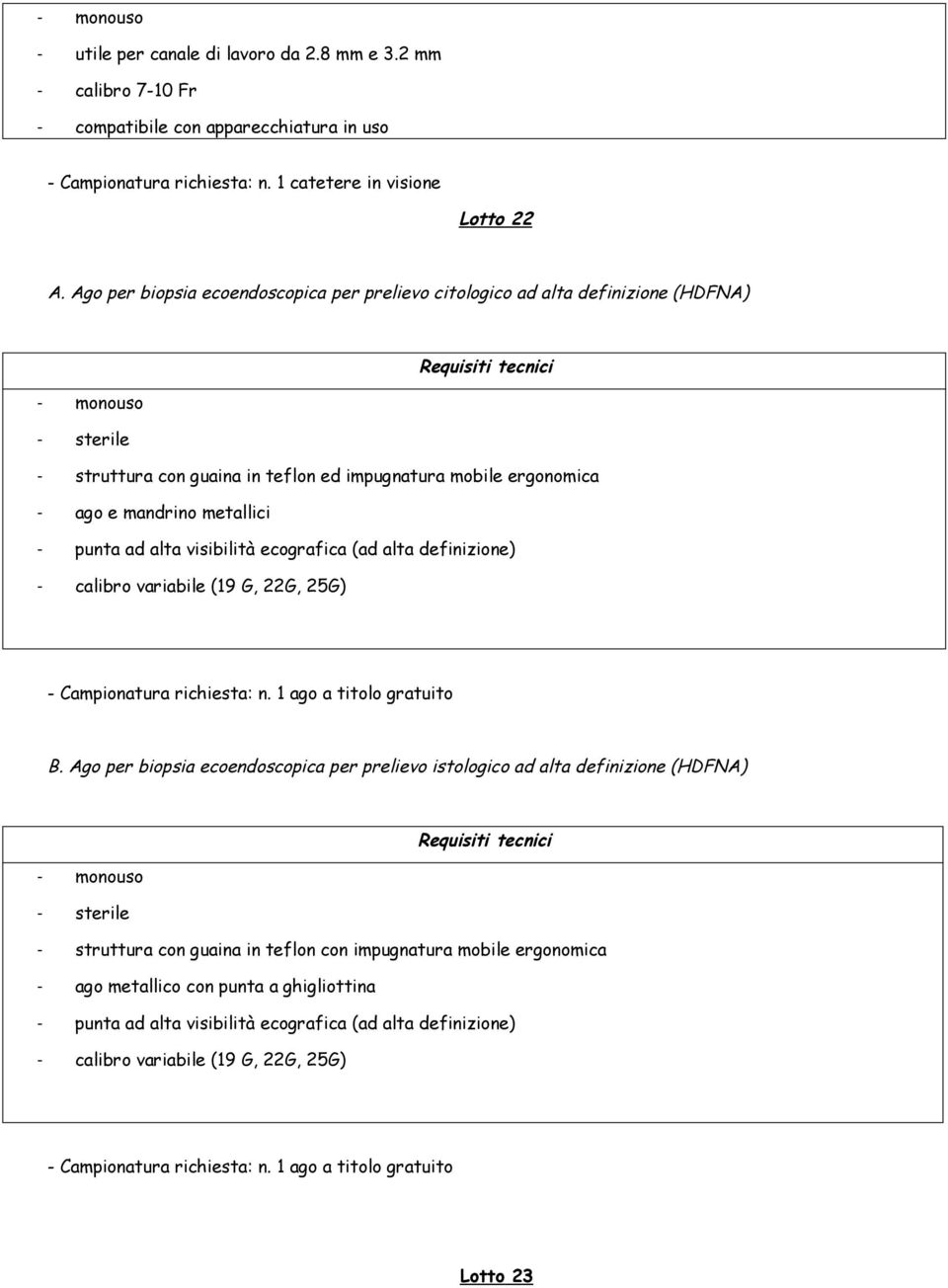 visibilità ecografica (ad alta definizione) - calibro variabile (19 G, 22G, 25G) - Campionatura richiesta: n. 1 ago a titolo gratuito B.