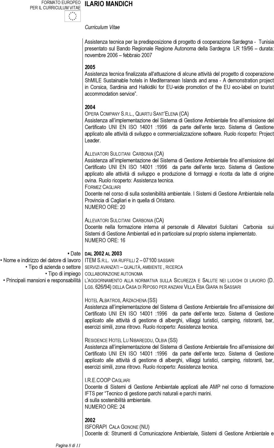 in Corsica, Sardinia and Halkidiki for EU-wide promotion of the EU eco-label on tourist accommodation service. 2004 OPERA COMPANY S.R.L.