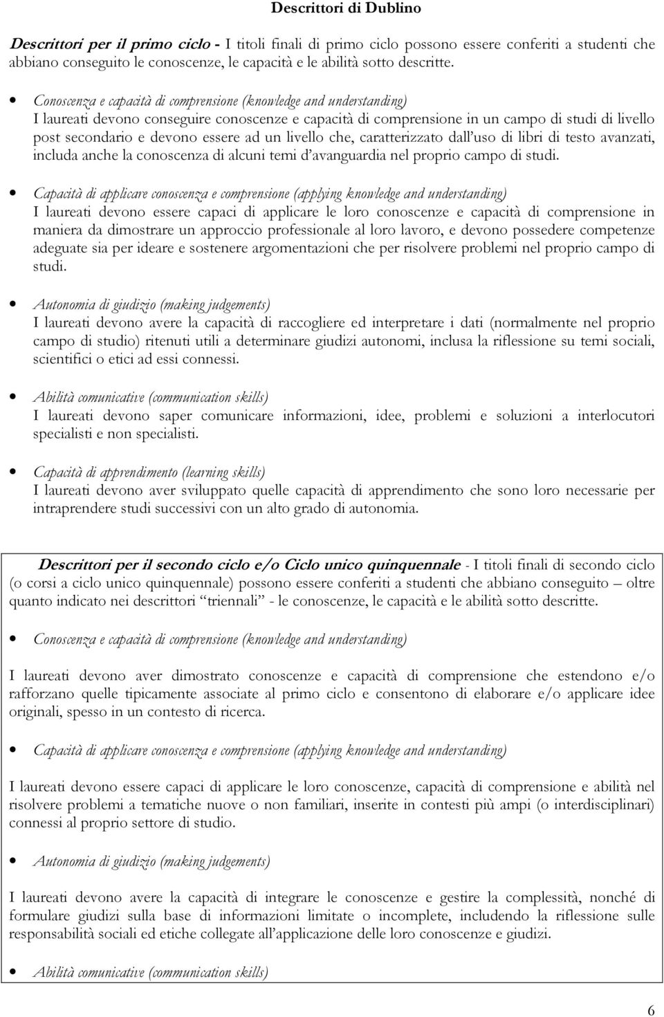 Conoscenza e capacità di comprensione (knowledge and understanding) I laureati devono conseguire conoscenze e capacità di comprensione in un campo di studi di livello post secondario e devono essere