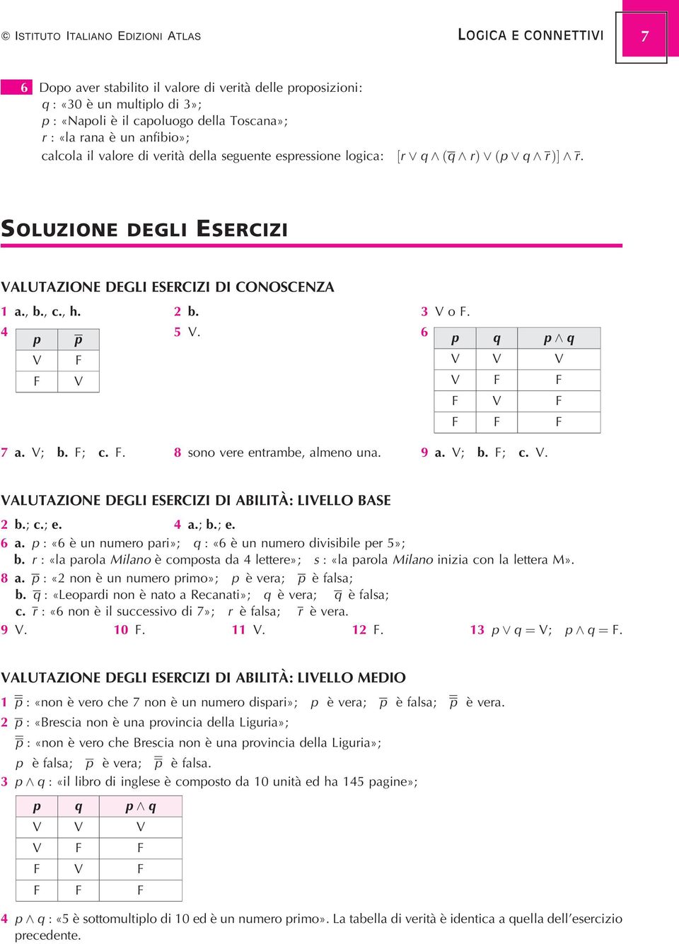 , h. 2 b. 3 o. 4 p p 5. 6 p q p ^ q 7 a. ; b. ; c.. 8 sono vere entrambe, almeno una. 9 a. ; b. ; c.. ALUTAZIONE DEGLI ESERCIZI DI ABILITAÁ : LIELLO BASE 2 b.; c.; e. 4 a.; b.; e. 6 a.