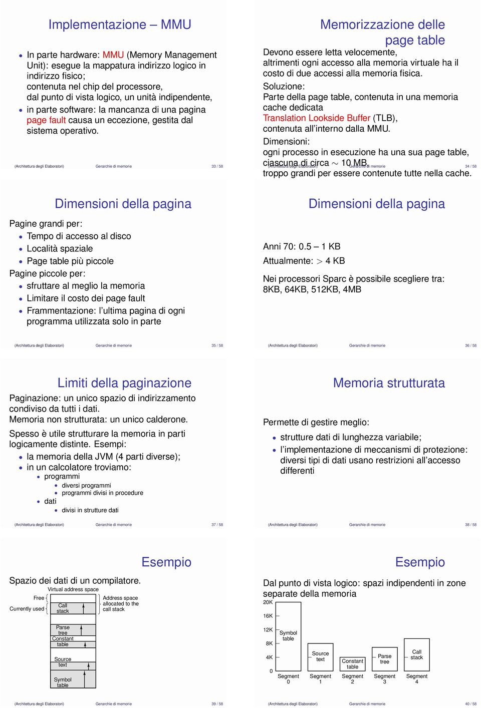 (Architettura degli Elaboratori) Gerarchie di memorie / 58 Pagine grandi per: Dimensioni della pagina Tempo di accesso al disco Località spaziale più piccole Pagine piccole per: sfruttare al meglio