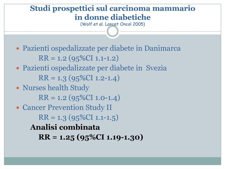 2) Pazienti ospedalizzate per diabete in Svezia RR = 1.3 (95%CI 1.2-1.