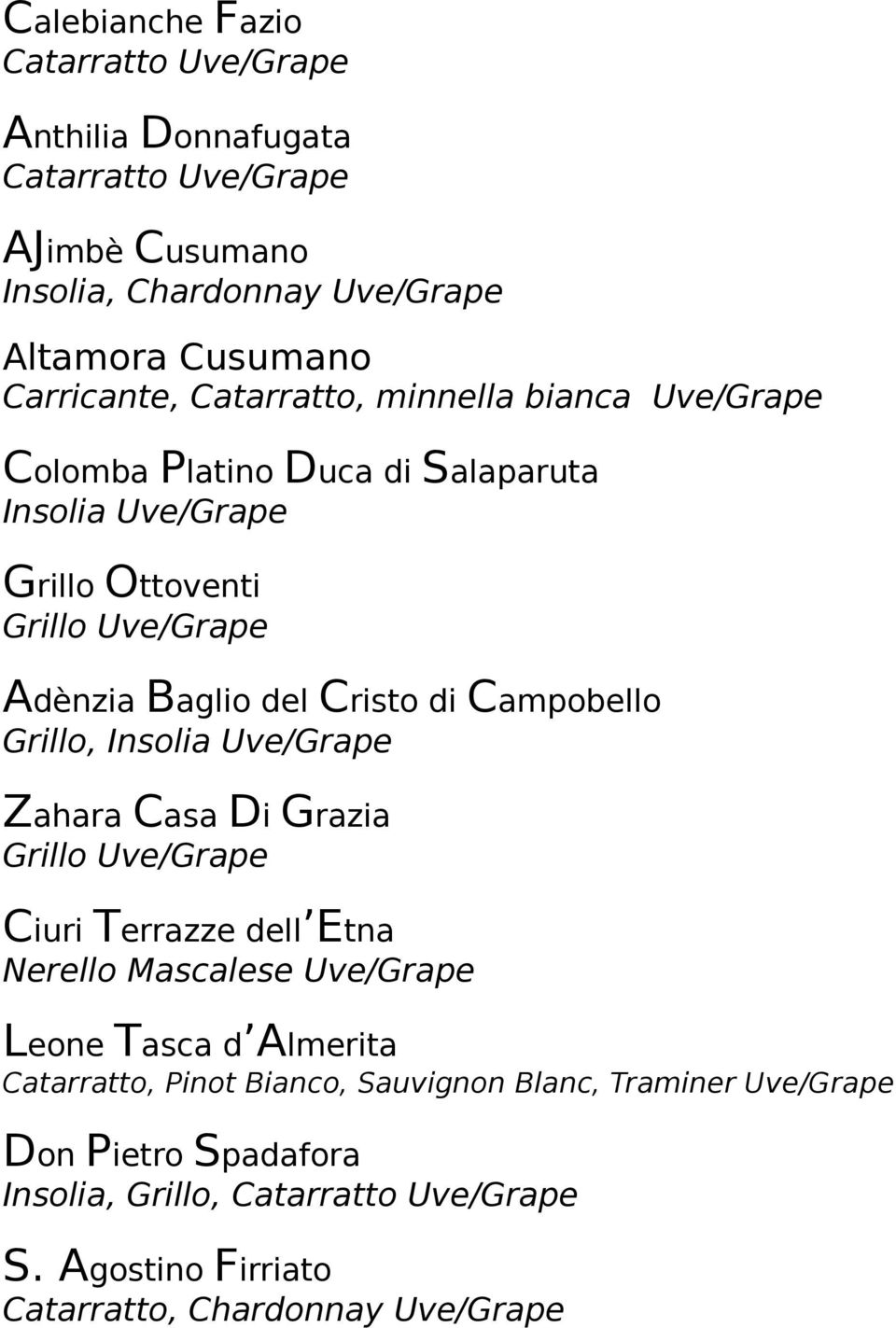 Campobello Grillo, Insolia Uve/Grape Zahara Casa Di Grazia Grillo Uve/Grape Ciuri Terrazze dell Etna Nerello Mascalese Uve/Grape Leone Tasca d