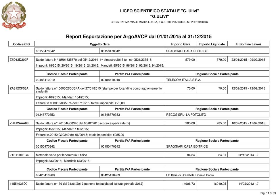 IA S.P.A. ZA812CF56A Saldo fattura n 000002/0C5PA del 27/01/2015 (stampe per locandine corso aggiornamento studenti) Impegni: 40/2015; Mandati: 104/2015; Fatture: n.