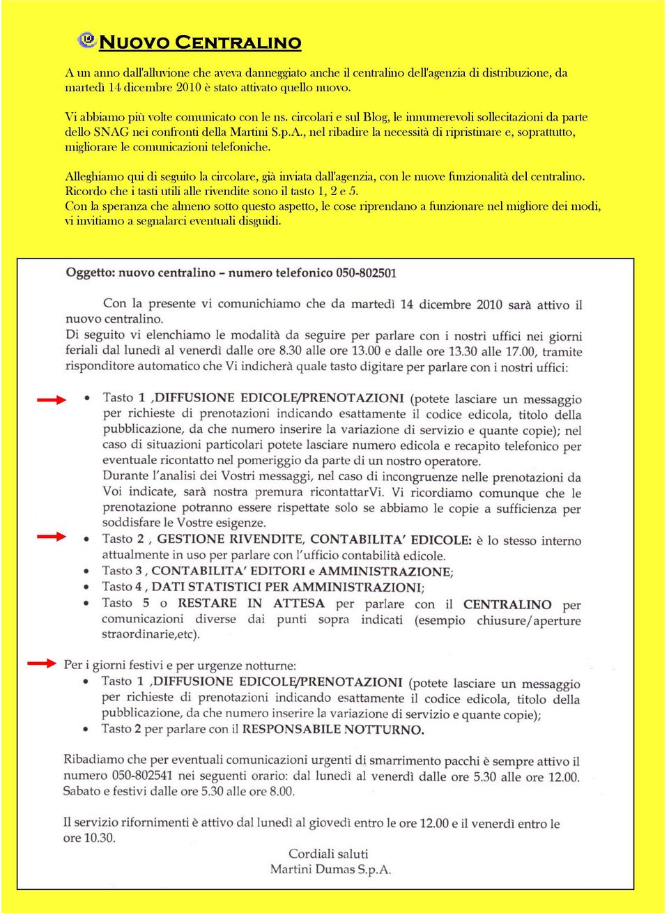 nei confronti della Martini S.p.A., nel ribadire la necessità di ripristinare e, soprattutto, migliorare le comunicazioni telefoniche.