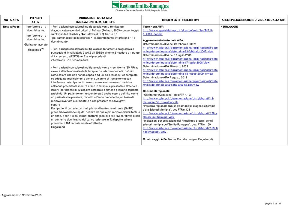 con sclerosi multipla secondariamente progressiva e punteggio di invalidità da 3 a 6,5 all EDSS e almeno 2 ricadute o 1 punto di incremento all EDSS nei 2 anni precedenti interferone -1b ricombinante