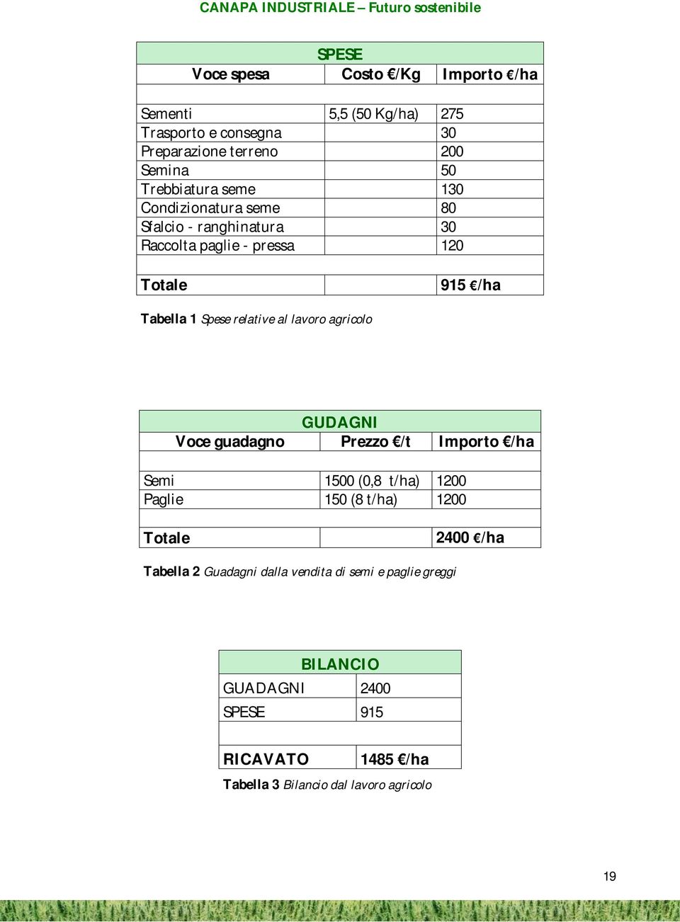 relative al lavoro agricolo GUDAGNI Voce guadagno Prezzo /t Importo /ha Semi 1500 (0,8 t/ha) 1200 Paglie 150 (8 t/ha) 1200 Totale 2400