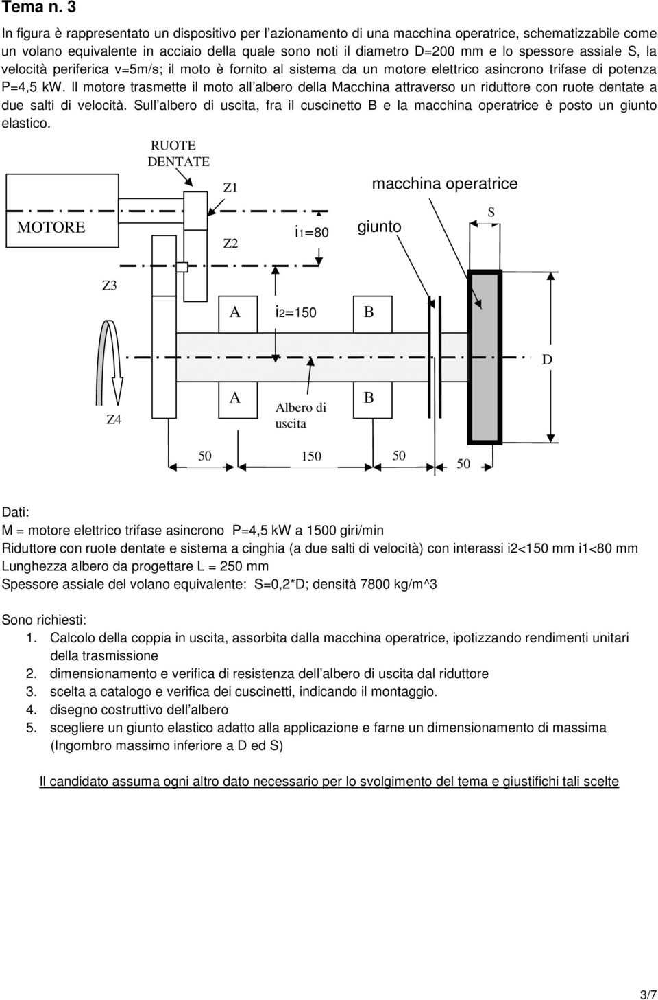 assiale S, la velocità periferica v=5m/s; il moto è fornito al sistema da un motore elettrico asincrono trifase di potenza P=4,5 kw.
