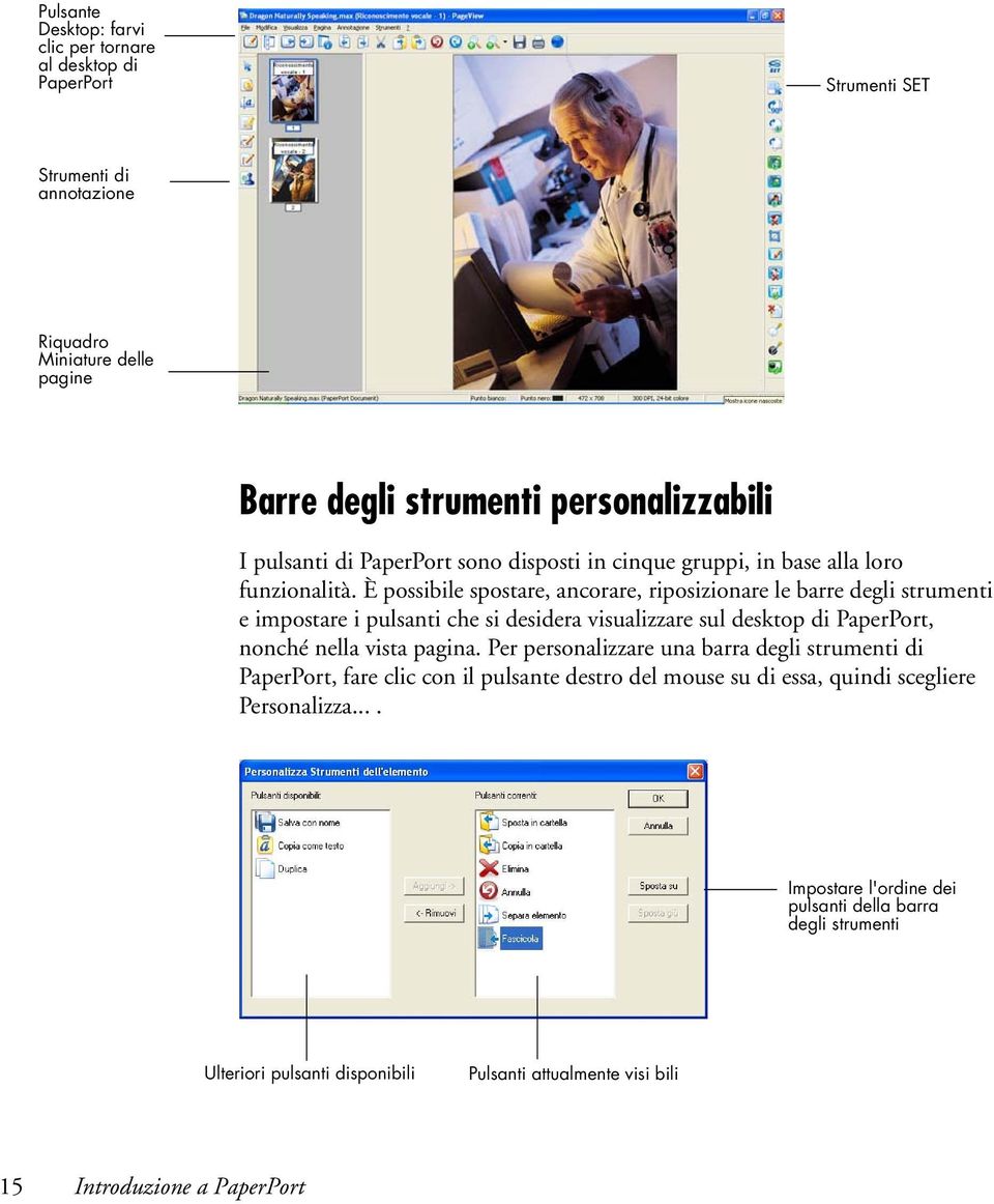 È possibile spostare, ancorare, riposizionare le barre degli strumenti e impostare i pulsanti che si desidera visualizzare sul desktop di PaperPort, nonché nella vista pagina.