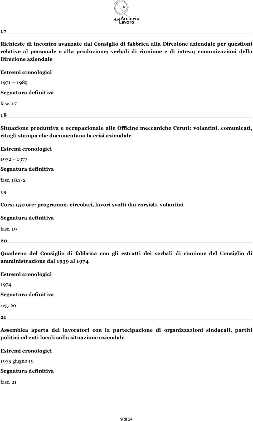 17 18 Situazione produttiva e occupazionale alle Officine meccaniche Ceruti: volantini, comunicati, ritagli stampa che documentano la crisi aziendale 1972 1977 fasc. 18.1-2 19 Corsi 150 ore: programmi, circolari, lavori svolti dai corsisti, volantini fasc.