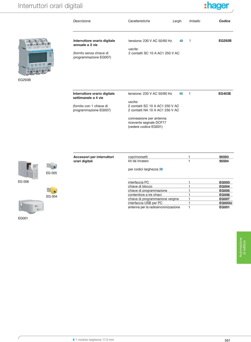 digitale settimanale a 4 vie (fornito con 1 chiave di programmazione EG007) tenone: 230 V AC 50/60 Hz uscite: 2 contatti SC 10 A AC1 250 V AC 2 contatti NA 10 A AC1 250 V AC connesone per antenna