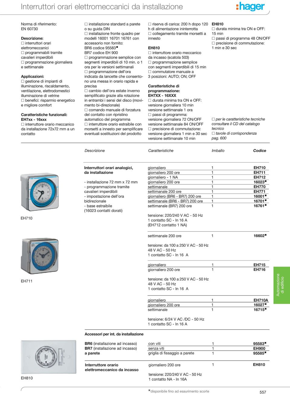 EH7xx 16xxx interruttore orario meccanico da installazione 72x72 mm a un contatto installazione standard o su installazione fronte quadro per modelli 16001 16701 16761 con accessorio non fornito: BR6