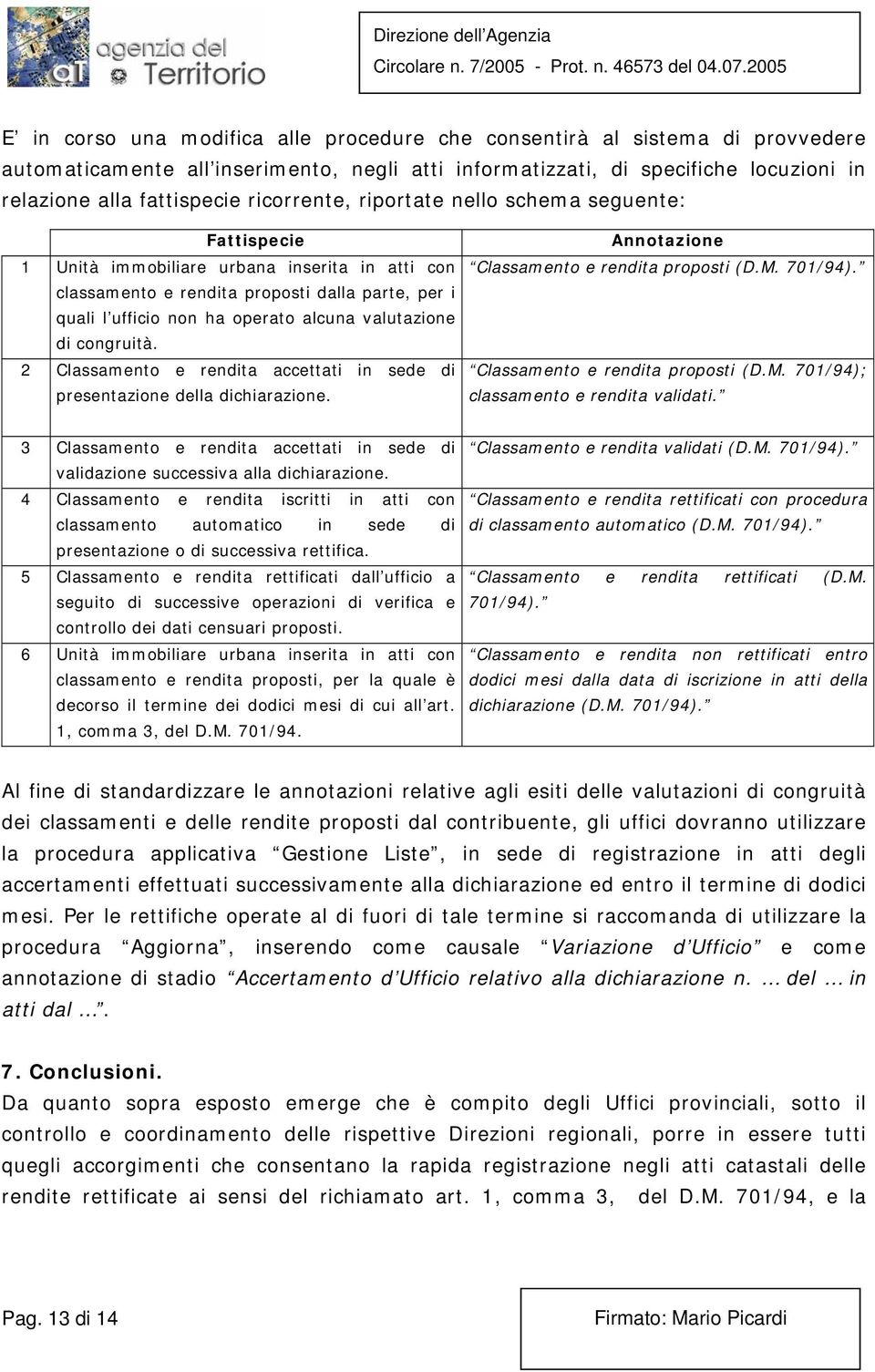 valutazione di congruità. 2 Classamento e rendita accettati in sede di presentazione della dichiarazione. Annotazione Classamento e rendita proposti (D.M. 701/94). Classamento e rendita proposti (D.M. 701/94); classamento e rendita validati.