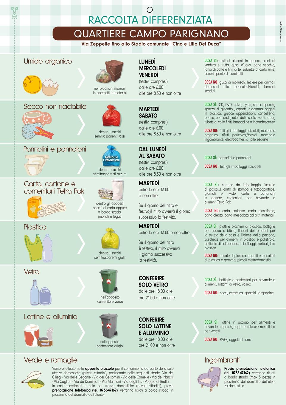 avverrà il giorno successivo Vetro contenitore verde e alimenti, rottami di vetro, vasetti COSA NO: cocci, ceramica, specchi, lampadine Lattine e alluminio contenitore