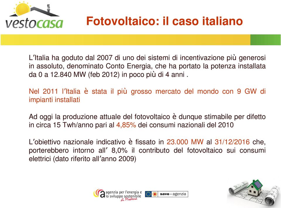 Nel 2011 l Italia è stata il più grosso mercato del mondo con 9 GW di impianti installati Ad oggi la produzione attuale del fotovoltaico è dunque stimabile per