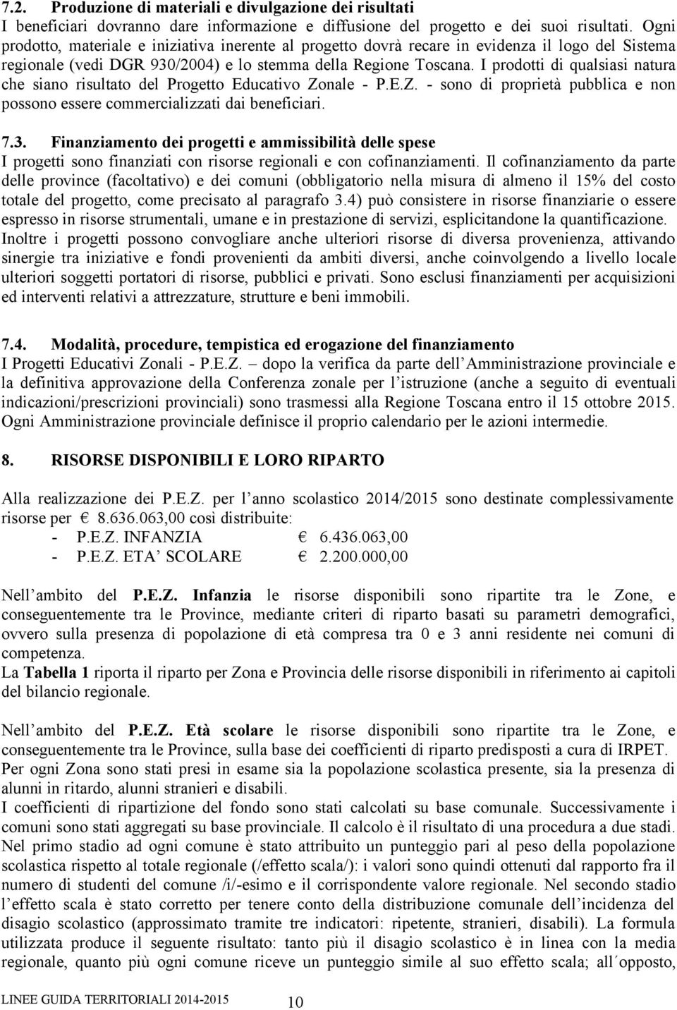 I prodotti di qualsiasi natura che siano risultato del Progetto Educativo Zonale - P.E.Z. - sono di proprietà pubblica e non possono essere commercializzati dai beneficiari. 7.3.