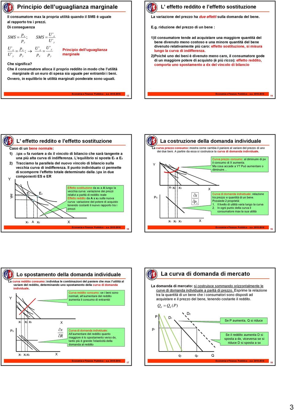 Che il consumatore alloca il rorio reddito in modo che l utilità marginale di un euro di sesa sia uguale er entrambi i beni. Ovvero, in equilibrio le utilità marginali onderate sono uguali.