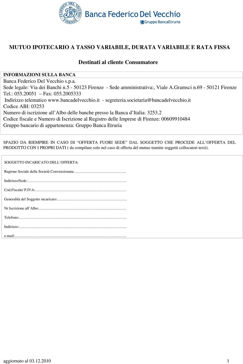 it Codice ABI: 03253 Numero di iscrizione all Albo delle banche presso la Banca d Italia: 3253.