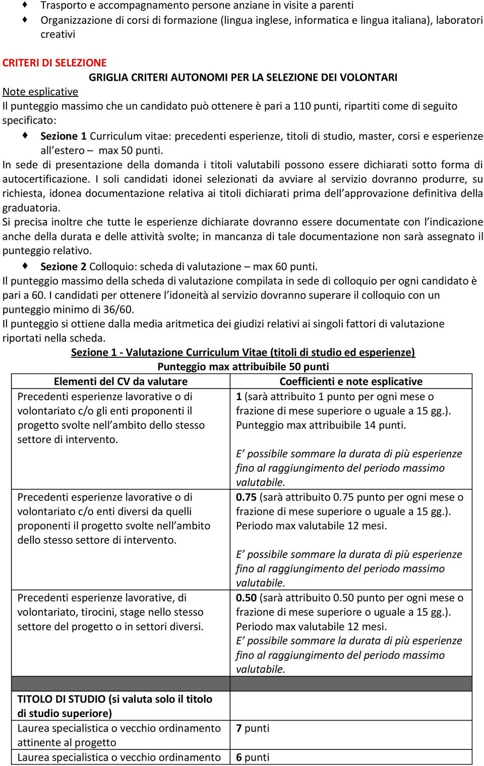 vitae: precedenti esperienze, titoli di studio, master, corsi e esperienze all estero max 50 punti.