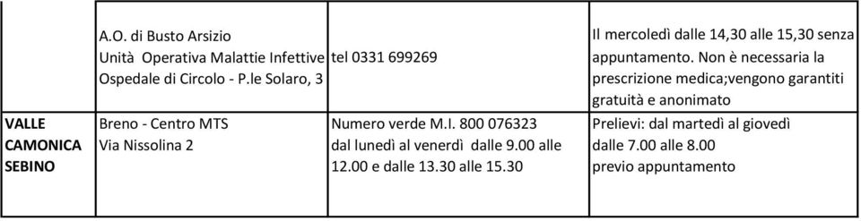 00 e dalle 13.30 alle 15.30 Il mercoledì dalle 14,30 alle 15,30 senza appuntamento.