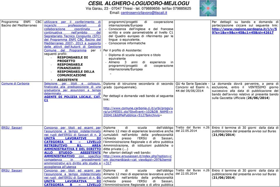 FINANZIARIO - RESPONSABILE DELLA COMUNICAZIONE - ASSISTENTE Comune di Carbonia Selezione per titoli e colloquio, finalizzata alla predisposizione di una graduatoria per assunzioni a tempo determinato