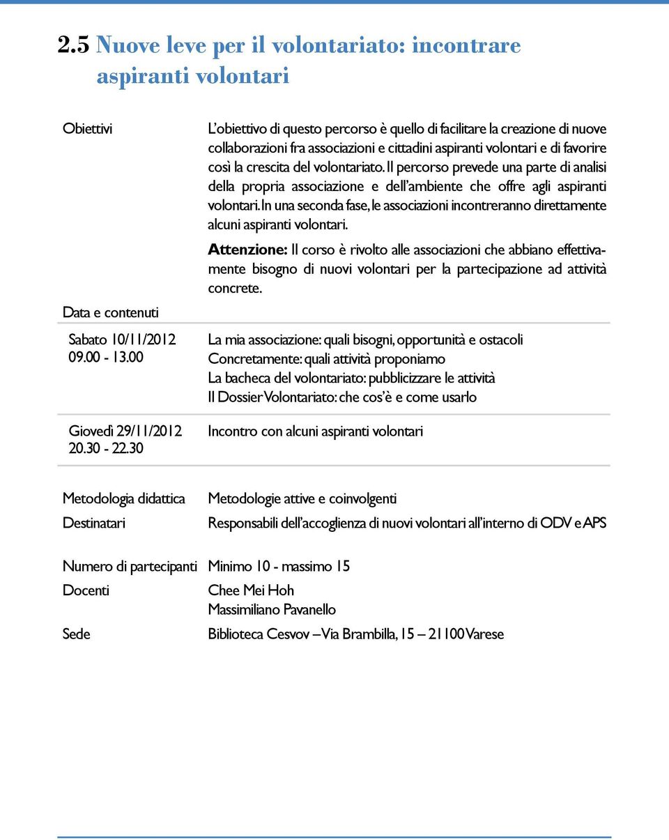 volontariato. Il percorso prevede una parte di analisi della propria associazione e dell ambiente che offre agli aspiranti volontari.