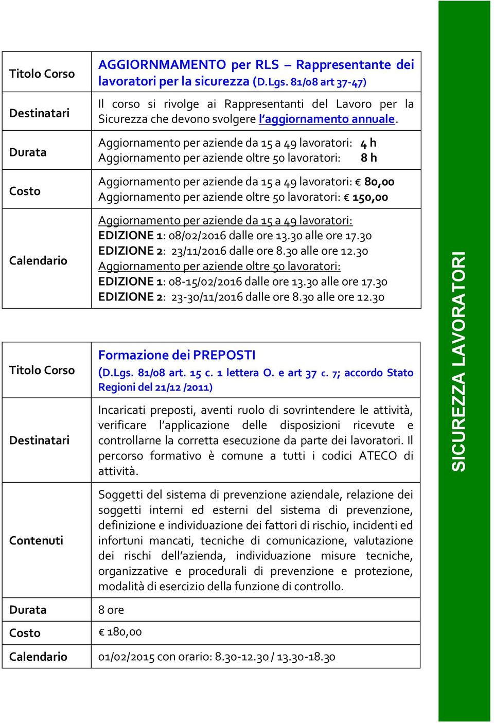 Aggiornamento per aziende da 15 a 49 lavoratori: 4 h Aggiornamento per aziende oltre 50 lavoratori: 8 h Aggiornamento per aziende da 15 a 49 lavoratori: 80,00 Aggiornamento per aziende oltre 50