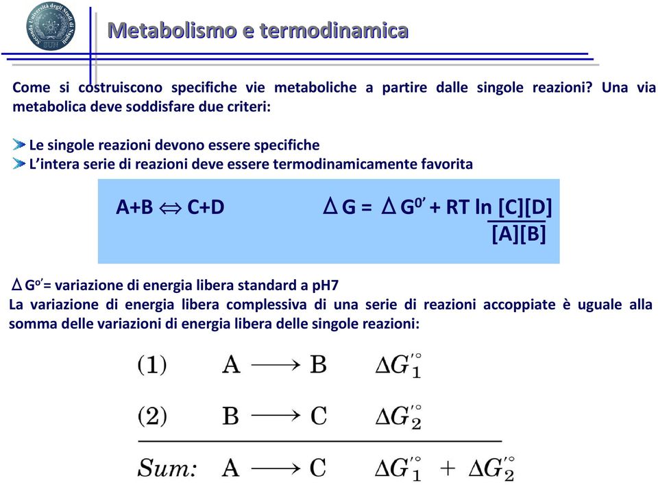 essere termodinamicamente favorita A+B C+D ΔG = ΔG 0 + RT ln[c][d] [A][B] ΔG o = variazione di energia libera standard a ph7 La