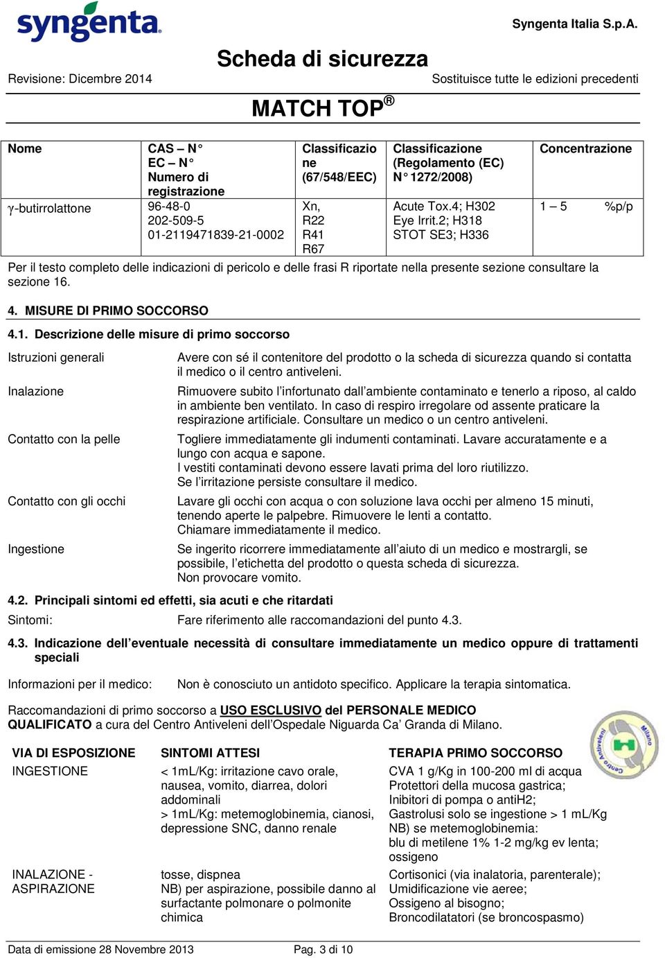 2; H318 STOT SE3; H336 Concentrazione 1 5 %p/p Per il testo completo delle indicazioni di pericolo e delle frasi R riportate nella presente sezione consultare la sezione 16. 4.