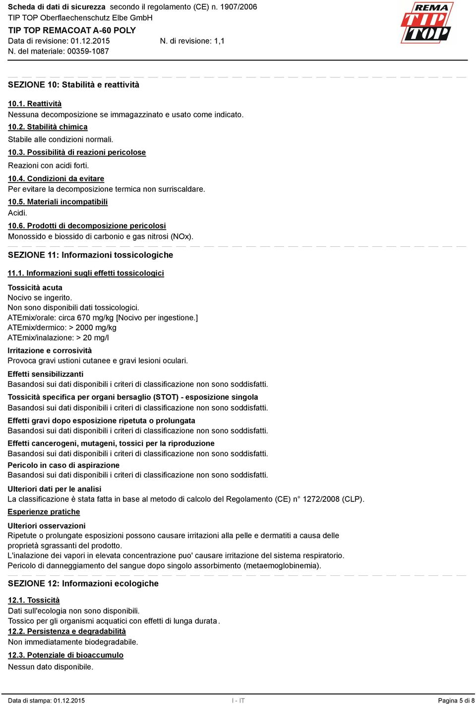 Prodotti di decomposizione pericolosi Monossido e biossido di carbonio e gas nitrosi (NOx). SEZIONE 11: Informazioni tossicologiche 11.1. Informazioni sugli effetti tossicologici Tossicità acuta Nocivo se ingerito.