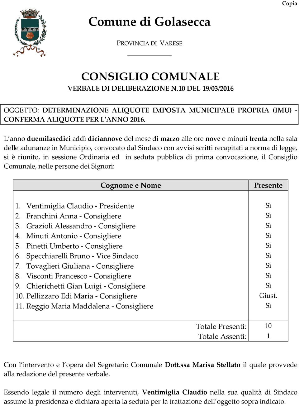 L anno duemilasedici addì diciannove del mese di marzo alle ore nove e minuti trenta nella sala delle adunanze in Municipio, convocato dal Sindaco con avvisi scritti recapitati a norma di legge, si è