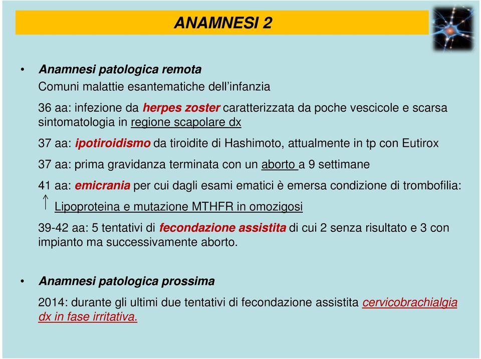 esami ematici è emersa condizione di trombofilia: Lipoproteina e mutazione MTHFR in omozigosi 39-42 aa: 5 tentativi di fecondazione assistita fecondazione assistita di cui 2 senza