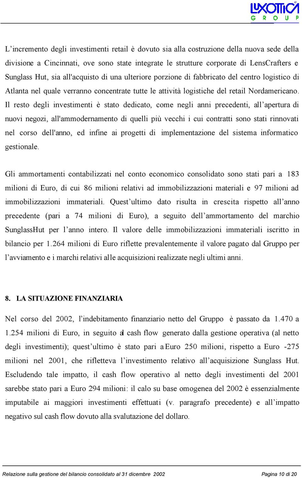 Il resto degli investimenti è stato dedicato, come negli anni precedenti, all apertura di nuovi negozi, all'ammodernamento di quelli più vecchi i cui contratti sono stati rinnovati nel corso